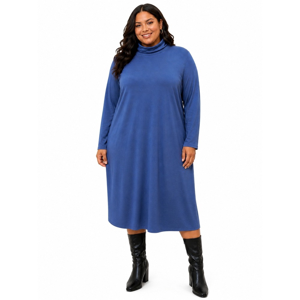 Fashion Nova Women Blue Turtleneck Long Sleeve‎ Midi Shift Dress Size 2X